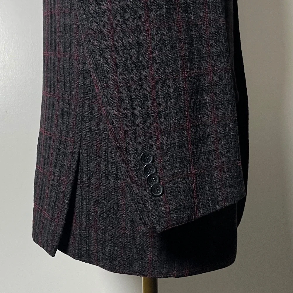 Cigar Couture Suit Mens 40L W34 Charcoal Burgundy Plaid 3-Button Textured Blazer